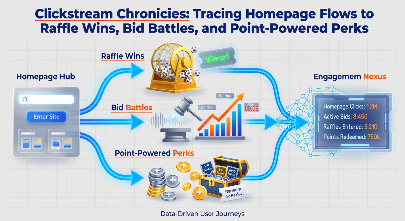 Detailed heatmap of homepage interactions showing concentrated clicks on raffle and auction sections, with overlaid paths leading to winner announcements and bid histories