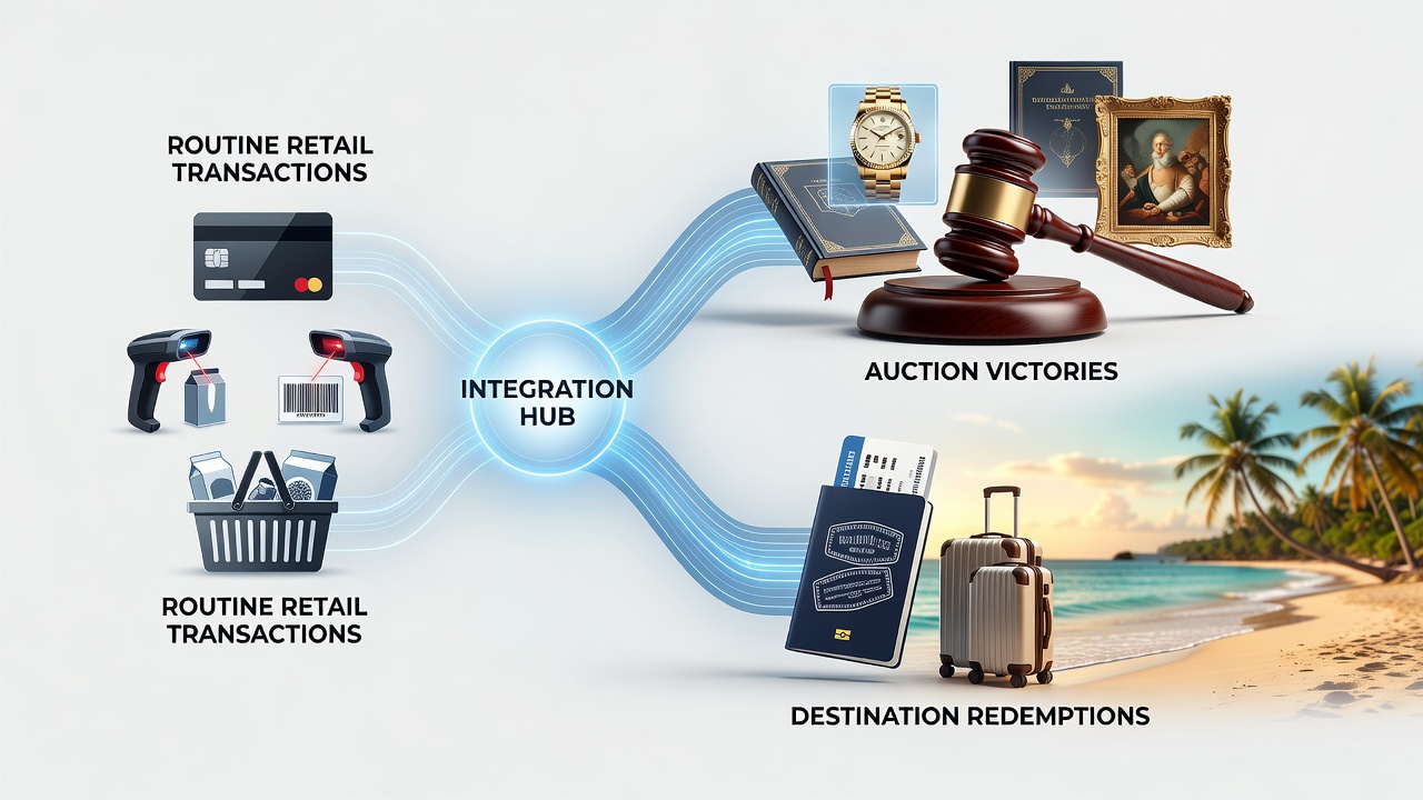 Split image of a person scanning a retail loyalty card and then viewing available vacation packages on a tablet