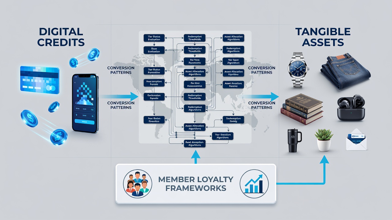 Infographic showing step-by-step conversion flow from earned digital credits through verification stages to final delivery of physical rewards in loyalty membership programs