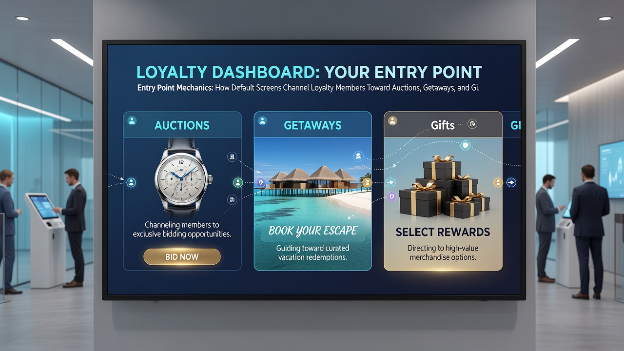 Loyalty member dashboard illustrating progression from default screen to auction, travel, and gift redemption flows