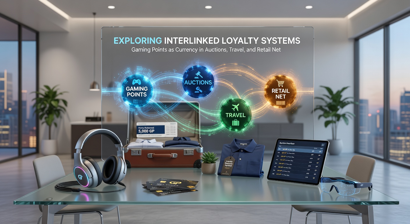 Illustration showing gaming points flowing into travel bookings and retail purchases across linked networks