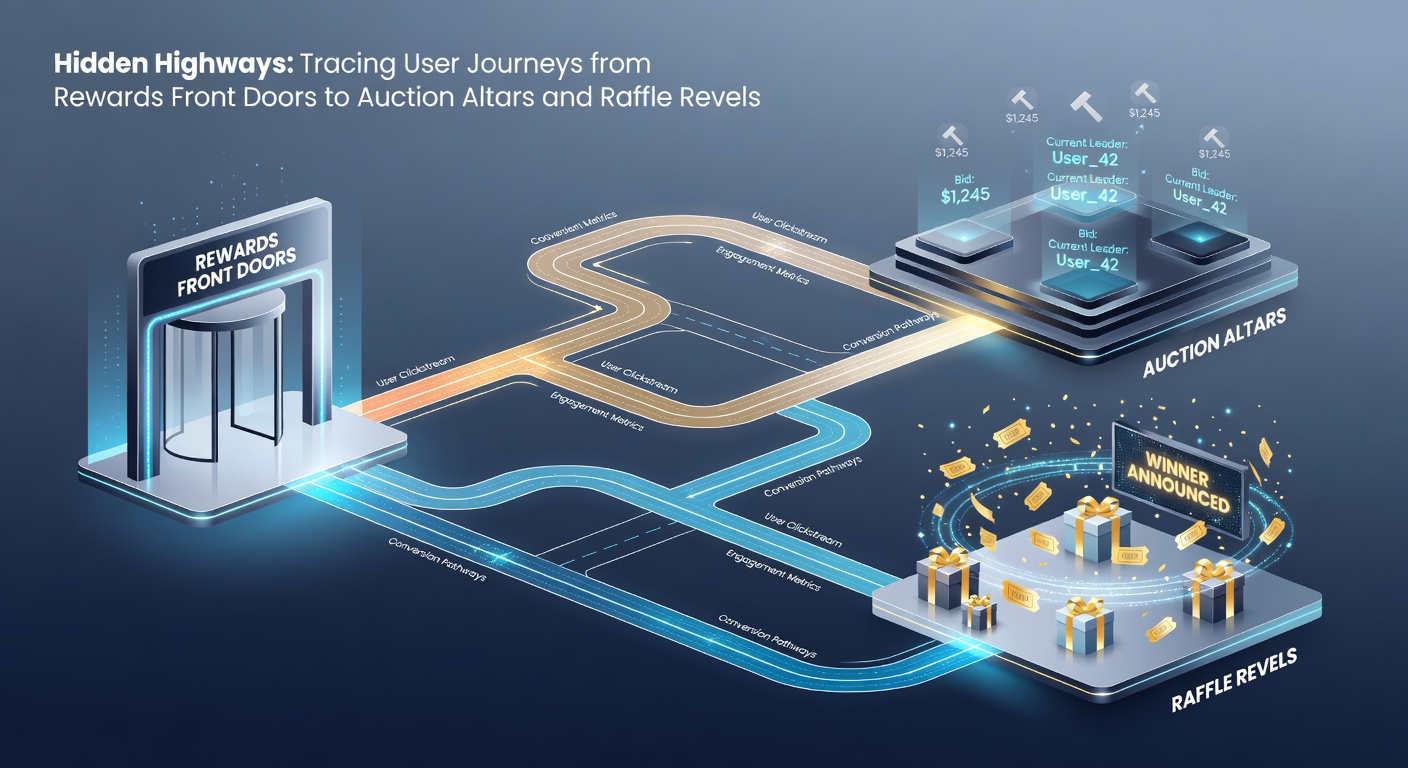 Close-up of a user's dashboard showing interconnected paths: arrows from rewards homepage leading to active auctions, raffle entries, and point balances, with glowing bid buttons