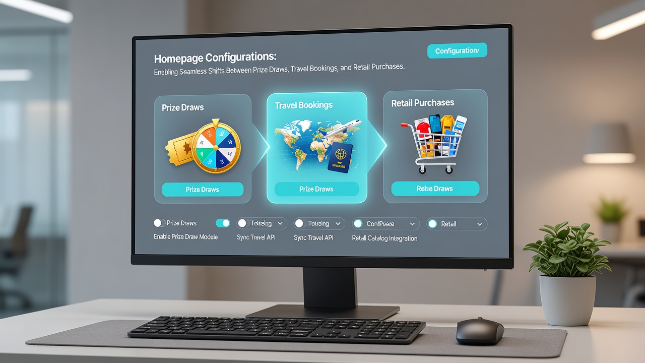 Close-up view of a reward portal interface demonstrating fluid navigation between draw entries, hotel reservations, and merchandise selections
