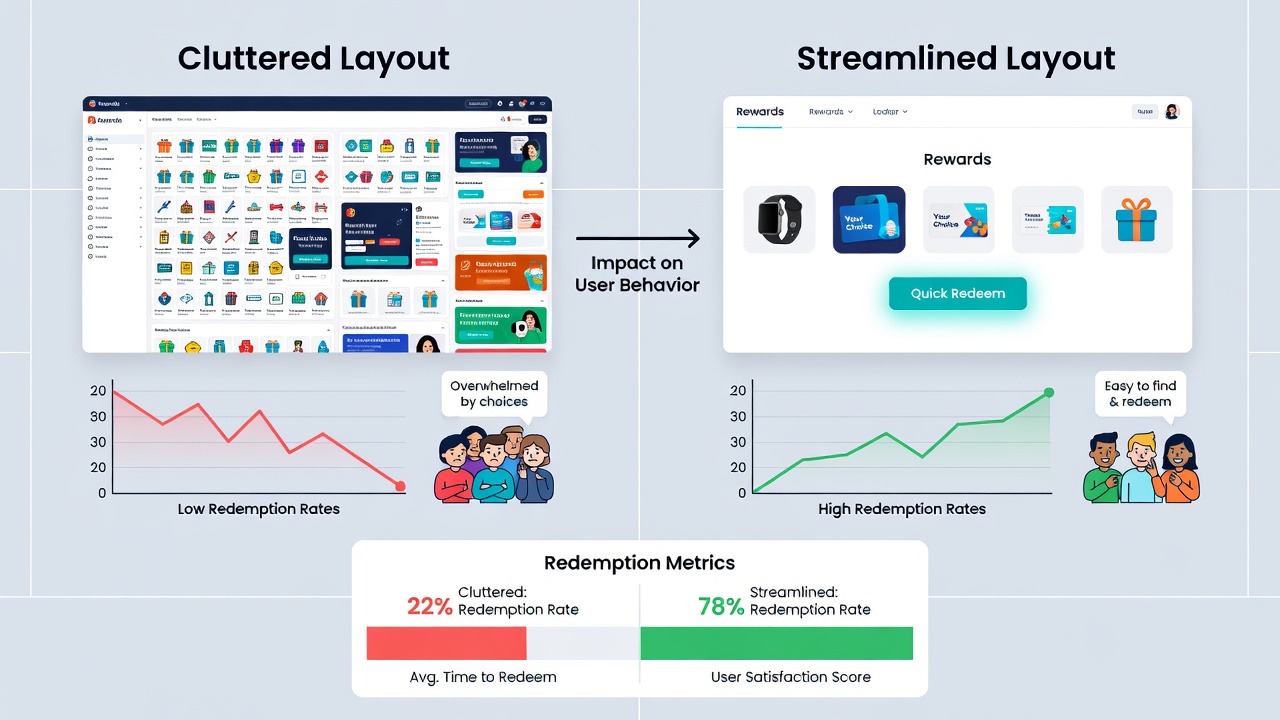 Analytics dashboard displaying redemption pattern changes following homepage layout adjustments in a digital rewards system