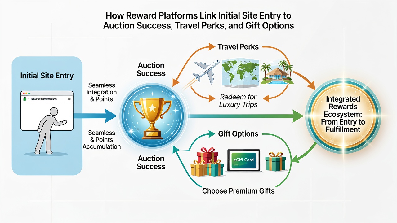 Split view of travel reward booking interface connected to auction bidding screen