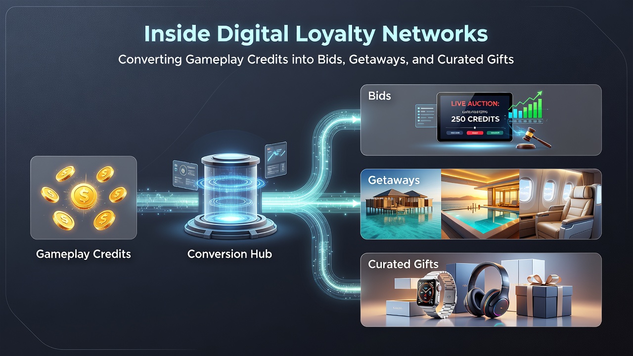 Player reviewing curated gift options and travel packages within a loyalty network dashboard