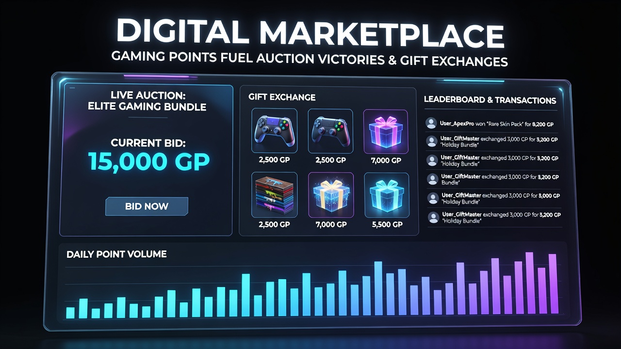 Close-up view of a rewards portal with active auction listings and gift catalog selections side by side