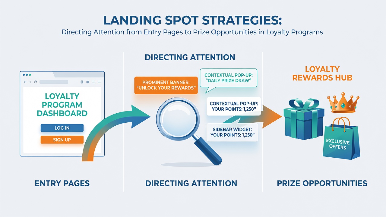 Diagram showing navigation flow from loyalty program entry points to prize auctions and raffles
