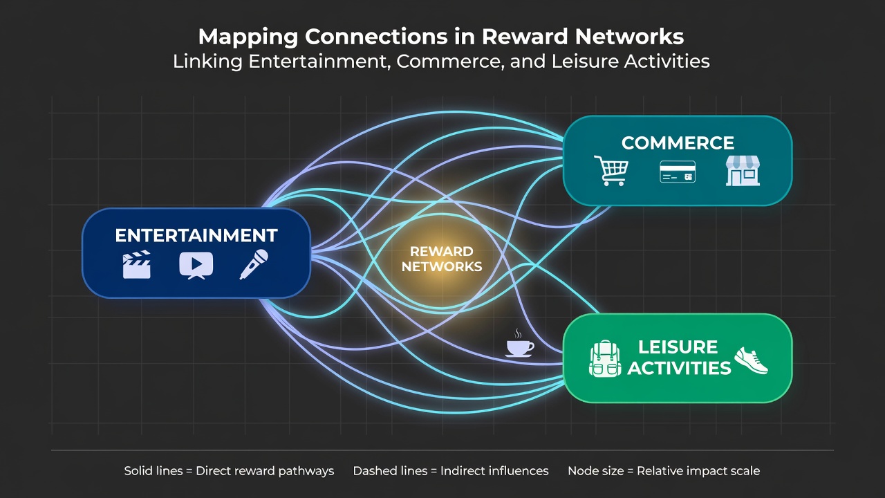 Network map visualization illustrating data flows between leisure activities, commercial outlets, and entertainment platforms in reward ecosystems