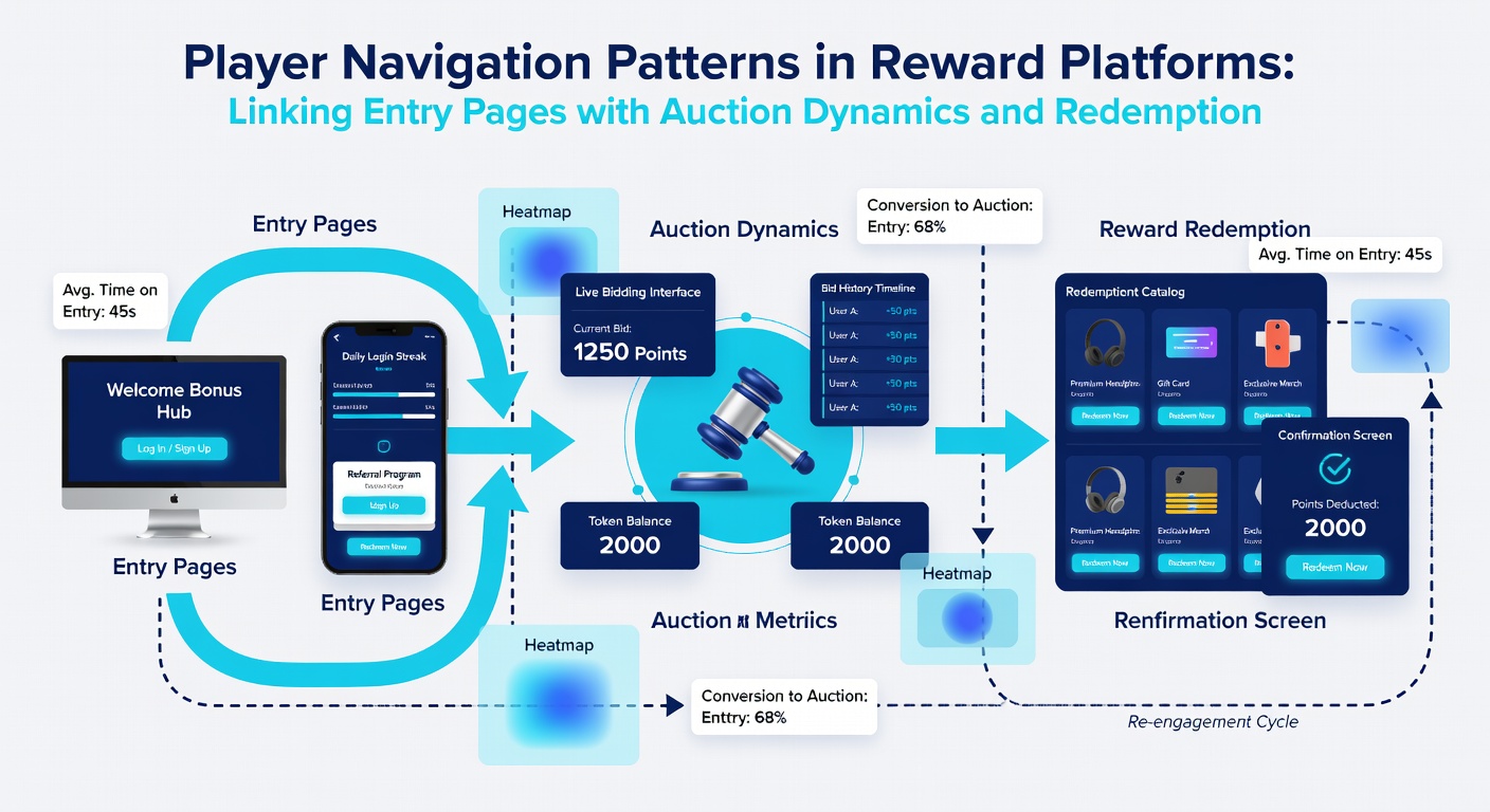 Screenshot of a rewards platform interface showing connected navigation from entry page through auctions to redemption confirmation