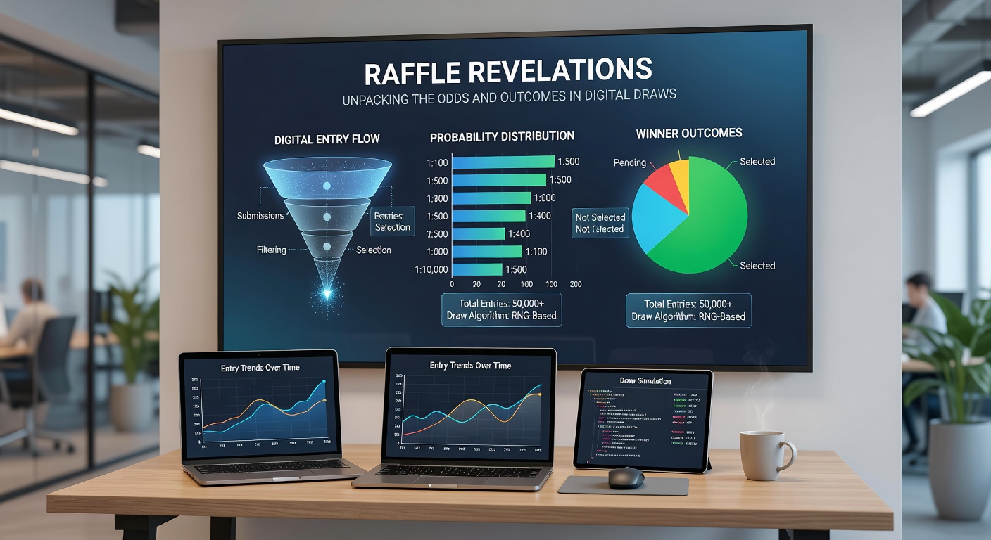 Close-up of a digital raffle results screen displaying winner announcements, entry tallies, and probability charts with colorful graphs