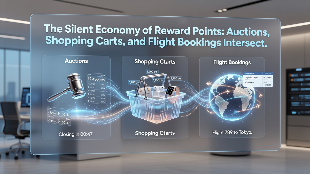 Digital interfaces showing reward points converting between auctions, shopping carts, and airline reservations