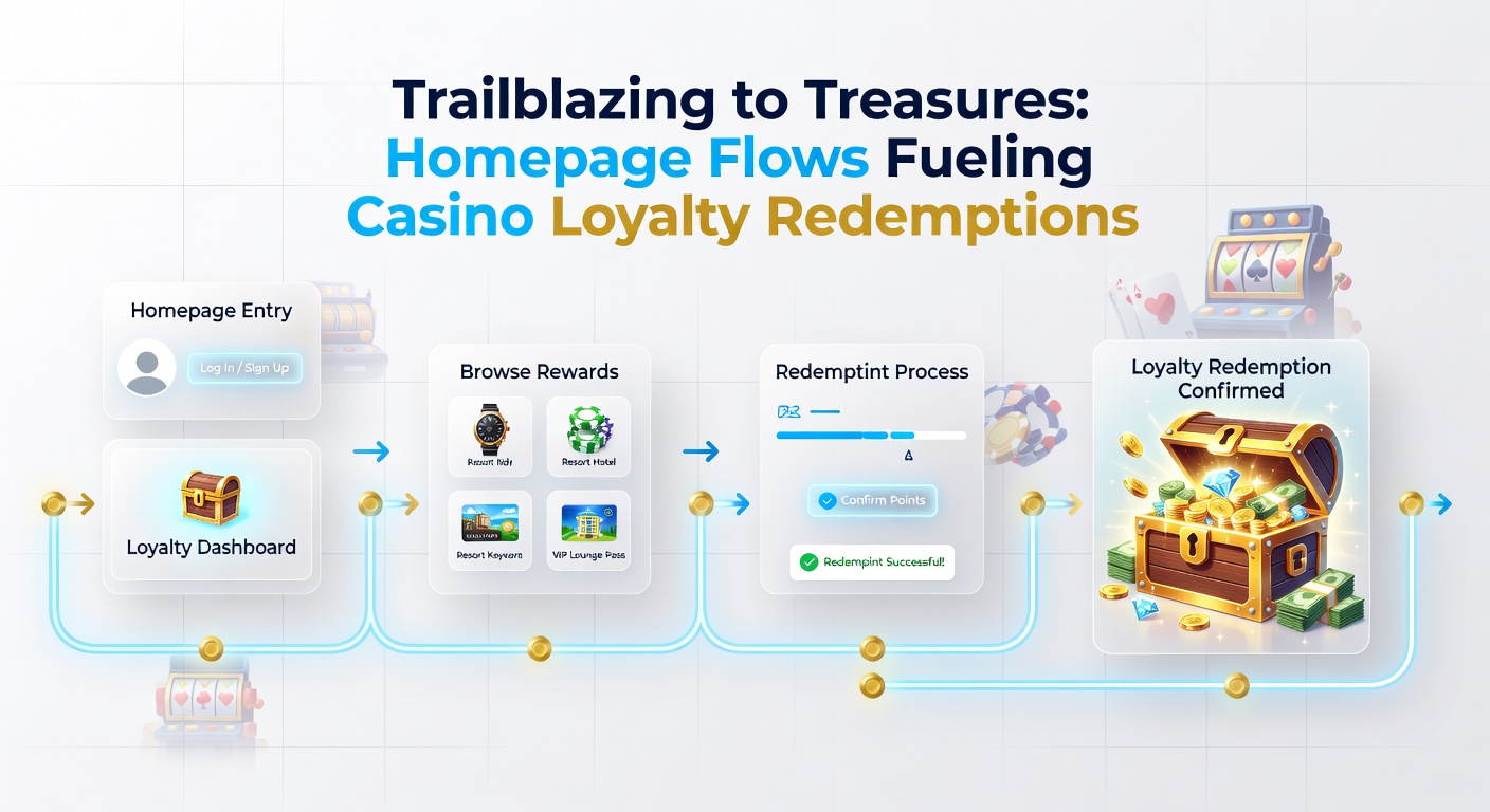 Infographic illustrating user flow from casino homepage login to successful loyalty redemption, with stats on conversion rates and engagement metrics